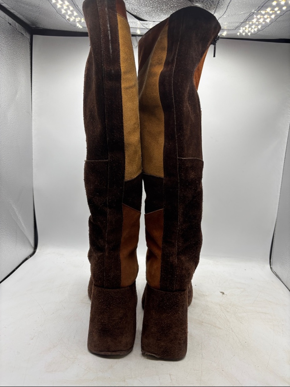 Vintage Brown Patchwork Suede Knee-High Platform Boots 7 37 - Picture 3 of 8